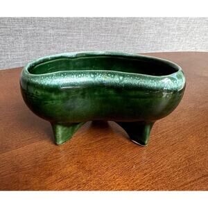 Vtg Console Bowl by California Pottery 2296 Green Planter White Speckled Border